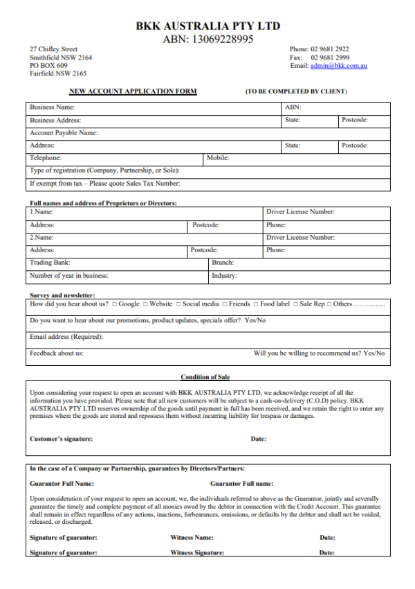 Account Application - BKK Australia