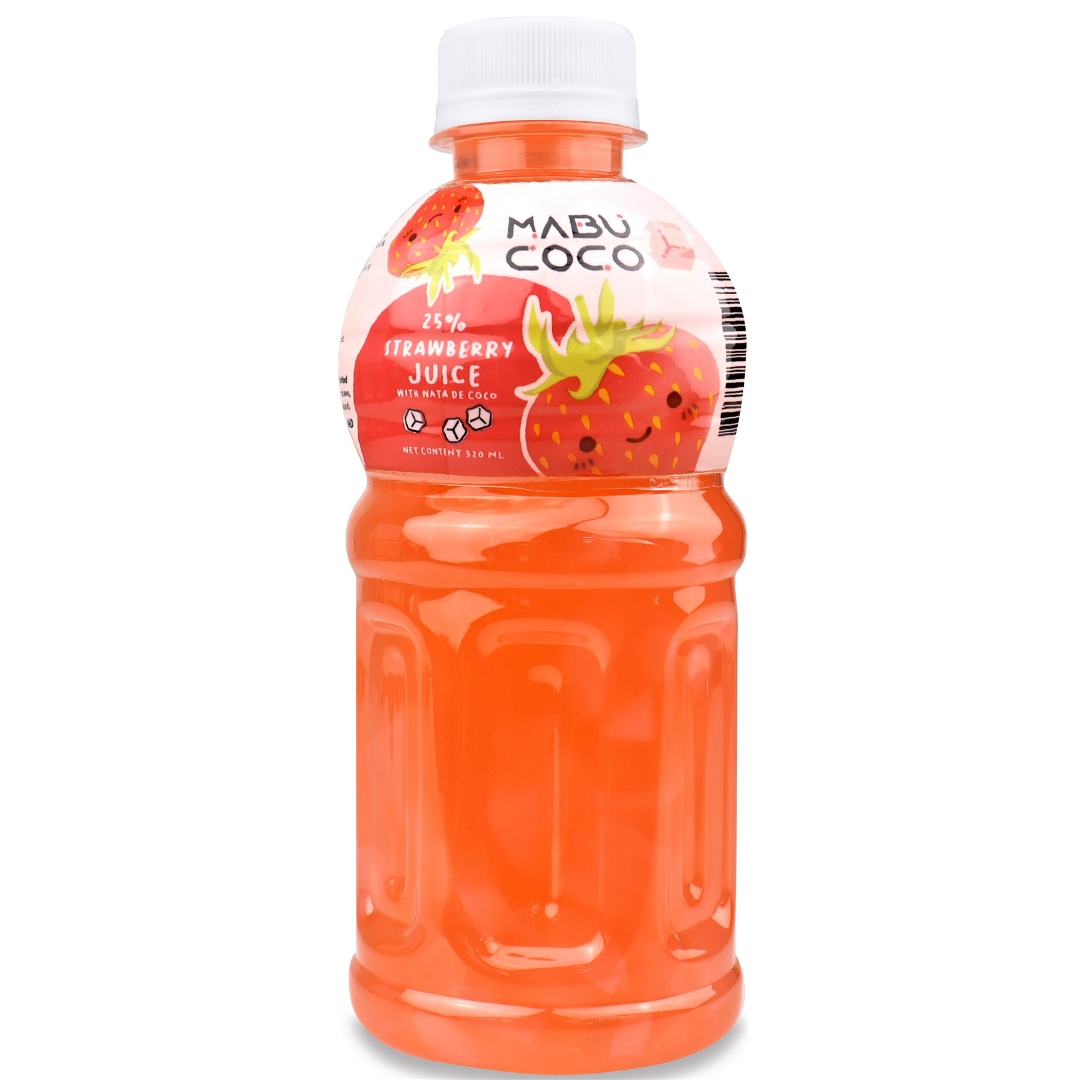 a 320ml plastic bottle of Mabu Coco Strawberry Nata de Coco with a red label. The label features the Mabu Coco logo, text in Filipino and English describing the product, and an image of strawberries.
