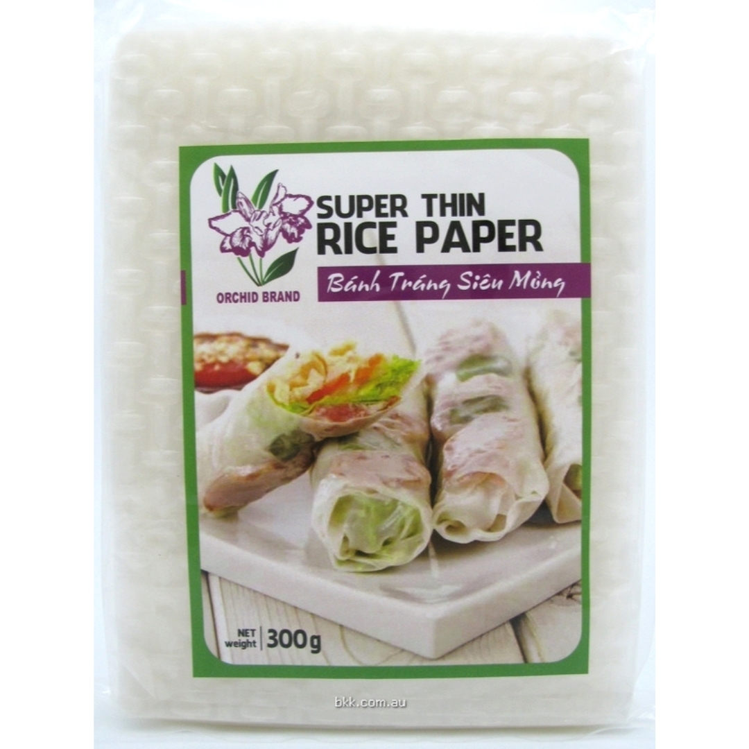 Image of a package of Orchid Superthin Rice Paper 22cm x 300g. The package is transparent so that some of the rice paper sheets can be seen inside.