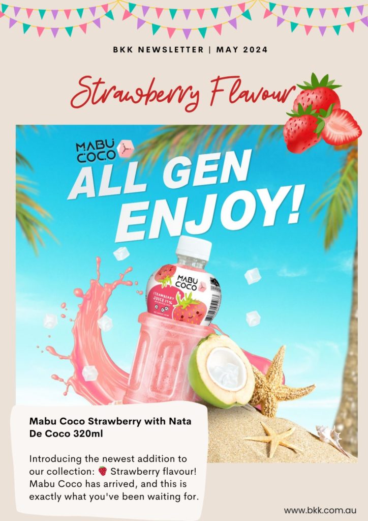 bottle of Mabu Coco Strawberry with a coconut beside the bottle
