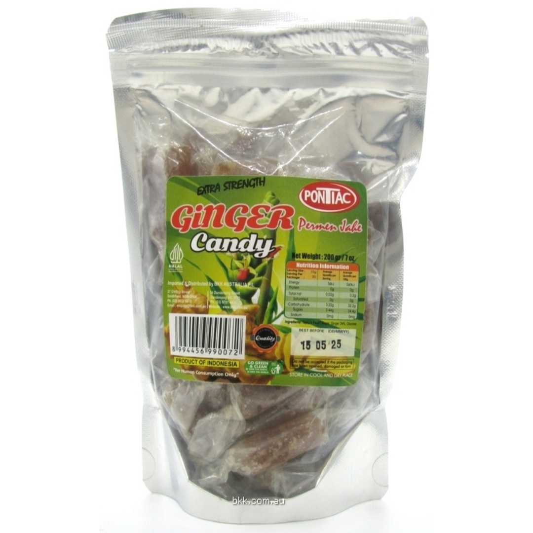 A bag of Pontiac Extra Strength Ginger Candy on a white background. The bag has black and red text, with a yellow streak across the center. The text includes the candy's name, weight (2007 grams), and that it is a product of Indonesia.