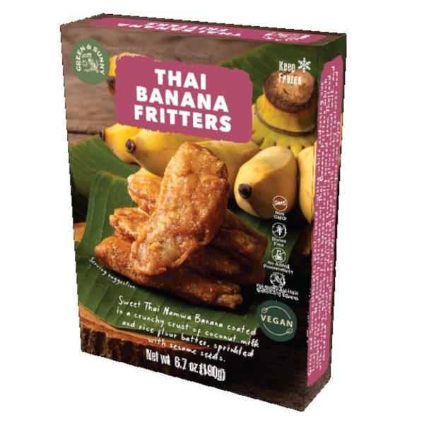 A box of Green&Sunny Banana Fritters 12x190g. The box is green and yellow with text in English and Thai.