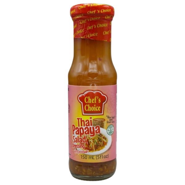 A bottle of Chef's Choice Thai Papaya Salad Dressing, labeled as C/Choice Papaya Salad Somtum 24x150ml