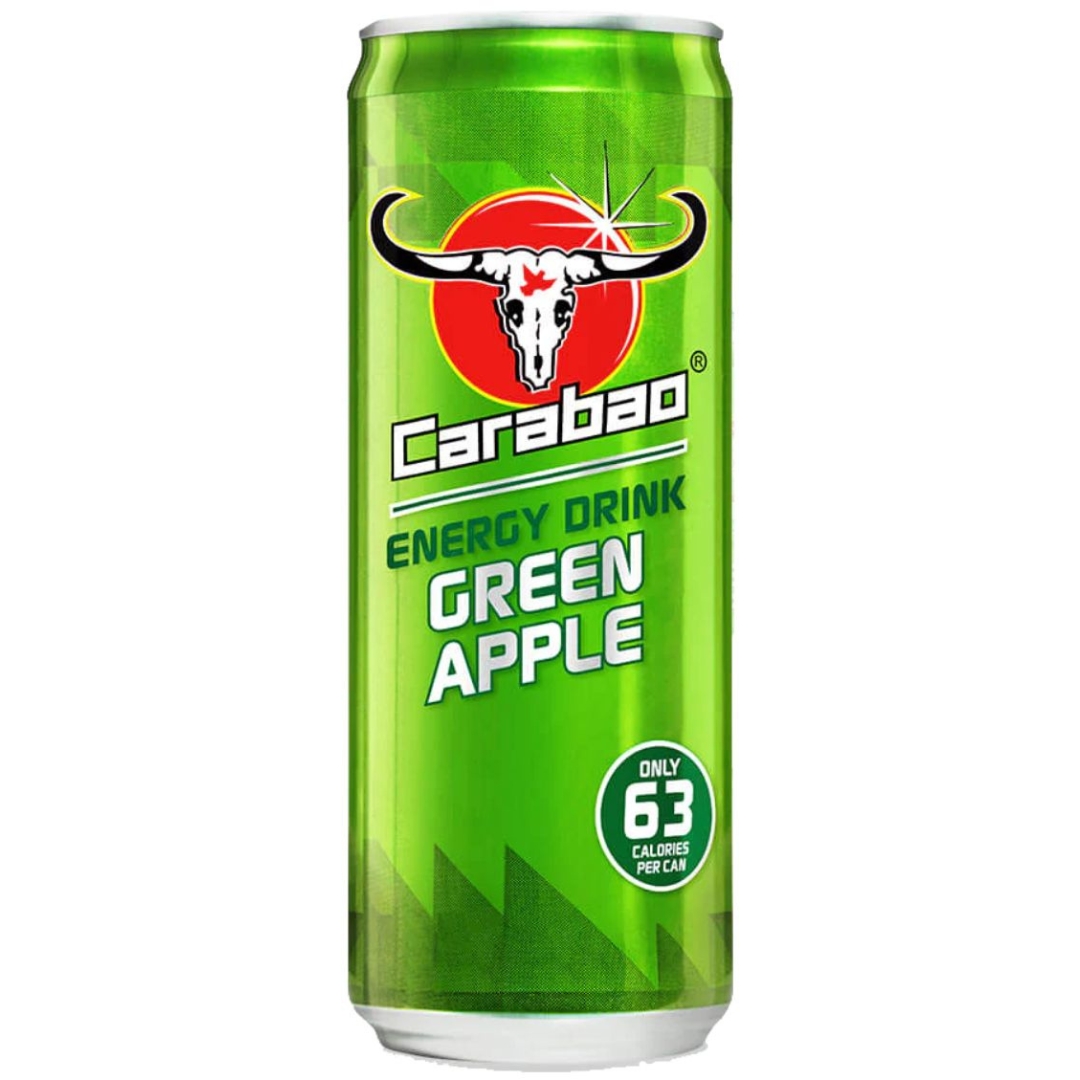 A can of Carabao Carbonated Green Apple Energy Drink, featuring a vibrant green design with the Carabao logo and text that reads "Only 63 Calories Per Can." The can is part of a 12x330ml pack.
