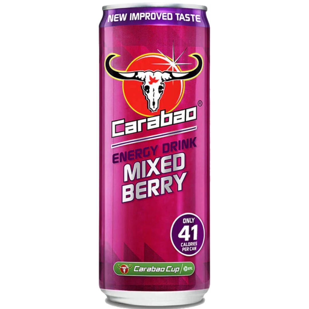 A can of Carabao Carbonated Mixed Berry Energy Drink, featuring a vibrant purple design with the Carabao logo and text that reads "New Improved Taste" and "Only 41 Calories Per Can." The can is part of a 12x330ml pack.