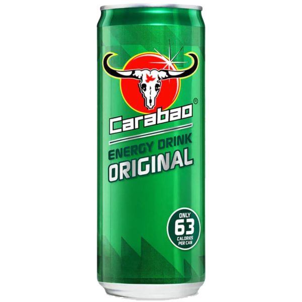 A can of Carabao Carabao Carbonated Original Energy Drink, featuring a darkened green design with the Carabao logo and text that reads "Only 63 Calories Per Can." The can is part of a 12x330ml pack.