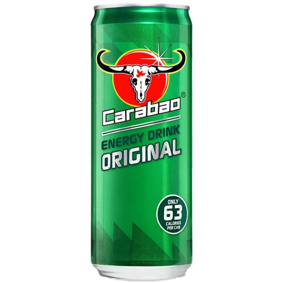A can of Carabao Carabao Carbonated Original Energy Drink, featuring a darkened green design with the Carabao logo and text that reads "Only 63 Calories Per Can." The can is part of a 12x330ml pack.