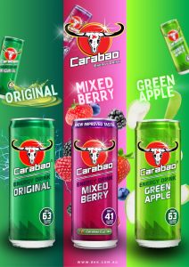 REFRESH YOUR DAY WITH OUR NEW CARABAO CARBONATED ENERGY DRINKS! Advertisement for Carabao energy drinks showcasing three flavors: Original, Mixed Berry, and Green Apple. Each flavor is represented by a vibrant, colorful background and includes' The Original flavor has a green background, the Mixed Berry flavor has a pink background with images of strawberries, blackberries, and blueberries, and the Green Apple flavor has a green background with images of green apples. The calorie content is displayed as 63 calories per can for Original and Green Apple, and 41 calories per can for Mixed Berry.