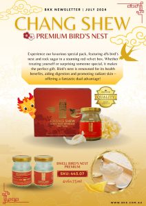 It showcases the Chang Shew Premium Bird's Nest. It highlights a luxurious special pack containing 4% bird's nest and rock sugar, presented in a stunning red velvet box. The product is renowned for its health benefits, aiding digestion and promoting radiant skin.