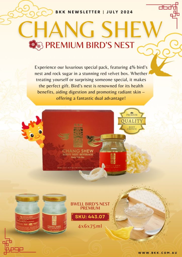 It showcases the Chang Shew Premium Bird's Nest. It highlights a luxurious special pack containing 4% bird's nest and rock sugar, presented in a stunning red velvet box. The product is renowned for its health benefits, aiding digestion and promoting radiant skin.
