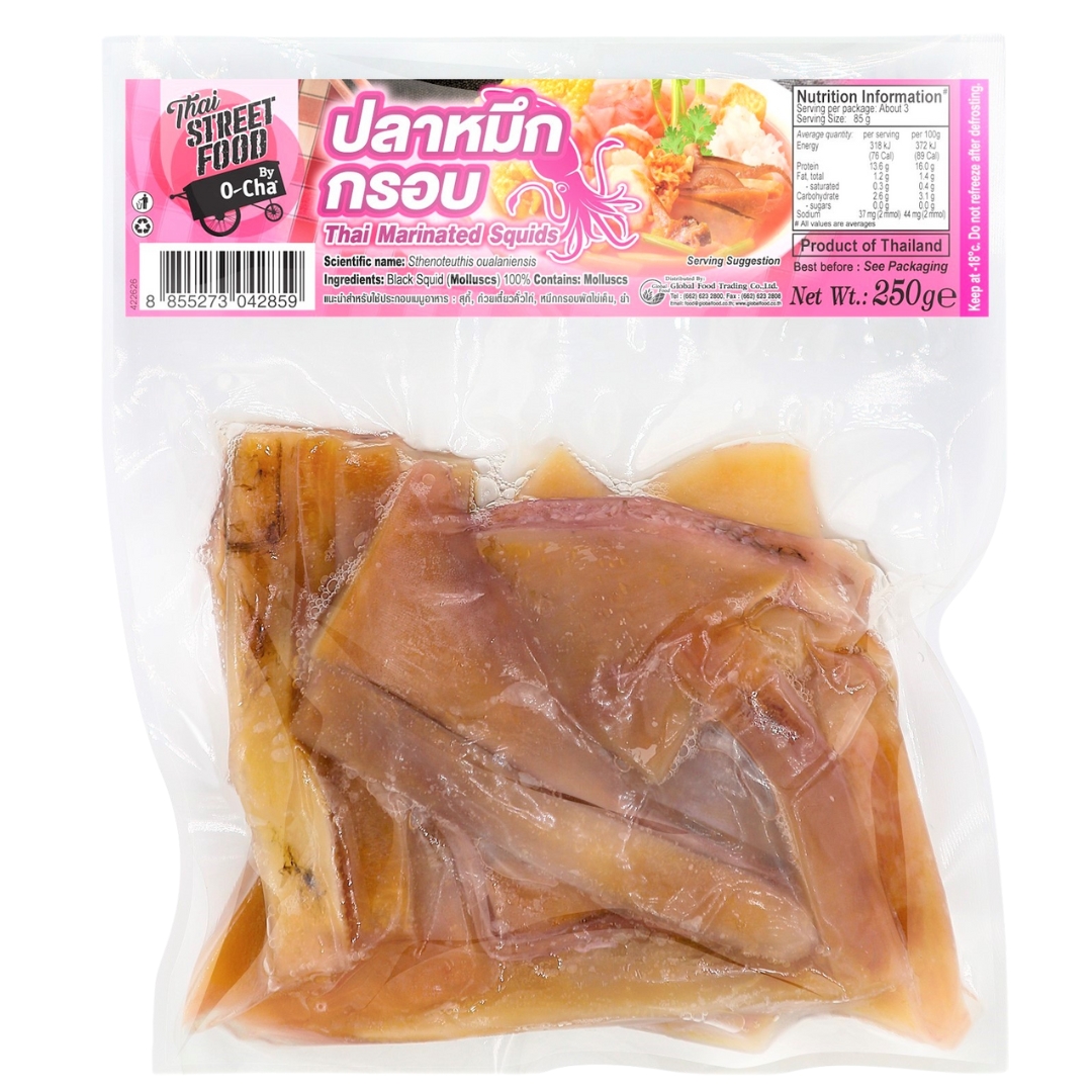 A packaged product labeled Frozen Thai Marinated Squid Slice 20x250. The clear sealed bag contains marinated squid slices. The product's front label includes nutritional information, ingredients, and serving suggestions, and indicates that it is a product of Thailand.