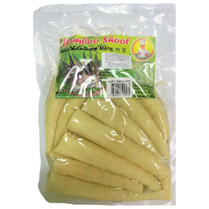 A vacuum-sealed package of Mr. Kim Bamboo Shoot Tender Tip 36x454g, displaying neatly arranged bamboo shoots ready for cooking. 3/3