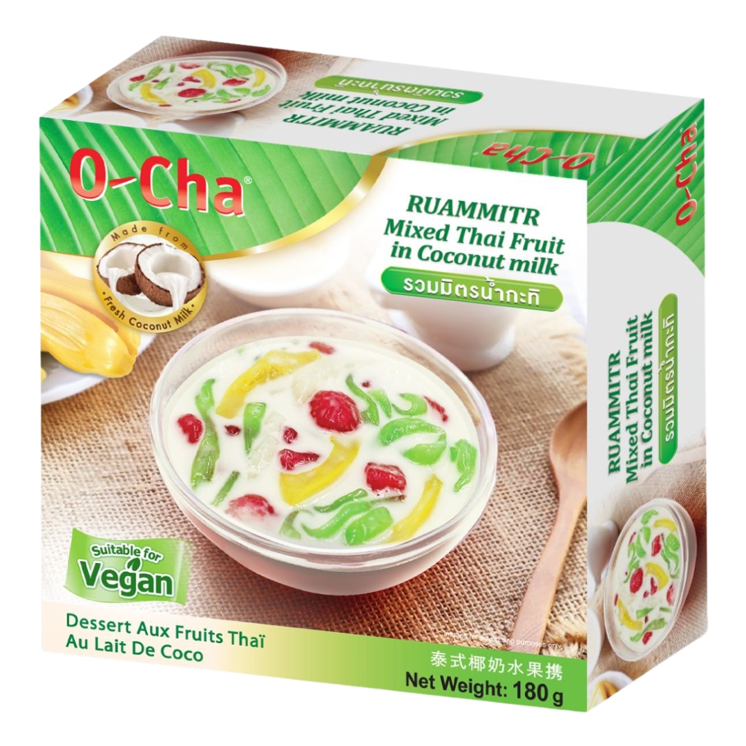 A box of O-Cha Mixed Thai Fruit in Coconut Milk with a net weight of 180 grams. The packaging features a bowl of mixed Thai fruit in coconut milk, which includes green, yellow, and red fruit pieces in a creamy white liquid. The box is labeled as Suitable for Vegan and highlights that it is made from fresh coconut milk.