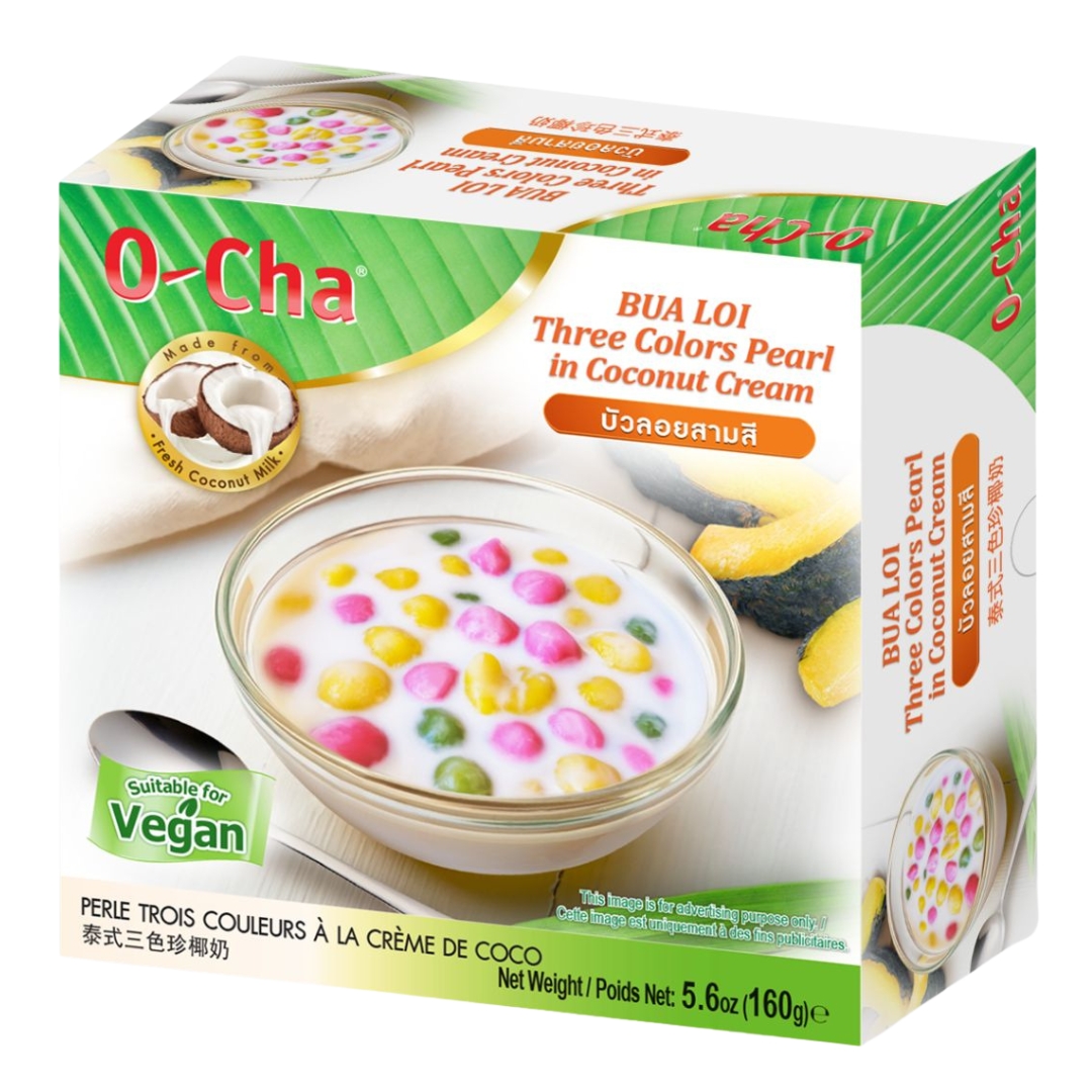A box of O-Cha Three Colour Pearl In Coconut 12x160. The packaging displays a bowl of coconut cream with colorful pearls in pink, yellow, and green. The box highlights that the product is made from fresh coconut milk and is suitable for vegans. The net weight of the product is 5.6 oz (160g).