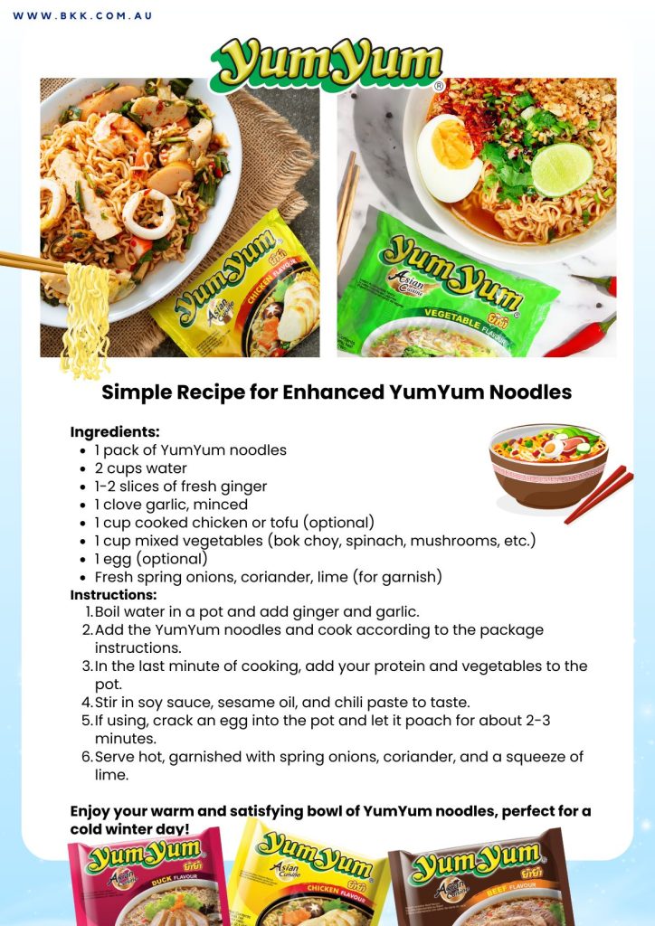 A colorful flyer displaying an assortment of delicious YumYum noodle recipes, featuring vibrant images of various dishes along with ingredients and cooking instructions.