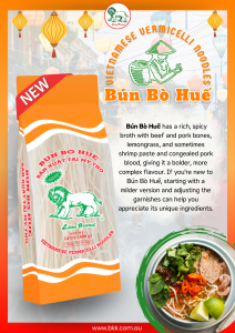 The advertisement prominently features a bag of Lion Bun Bo Hue Intense Palo, with its bold and colourful packaging drawing attention. The design highlights traditional Vietnamese elements, with vivid reds and yellows, a clear product name, and imagery of the flavourful ingredients inside, evoking a sense of authenticity and spice.