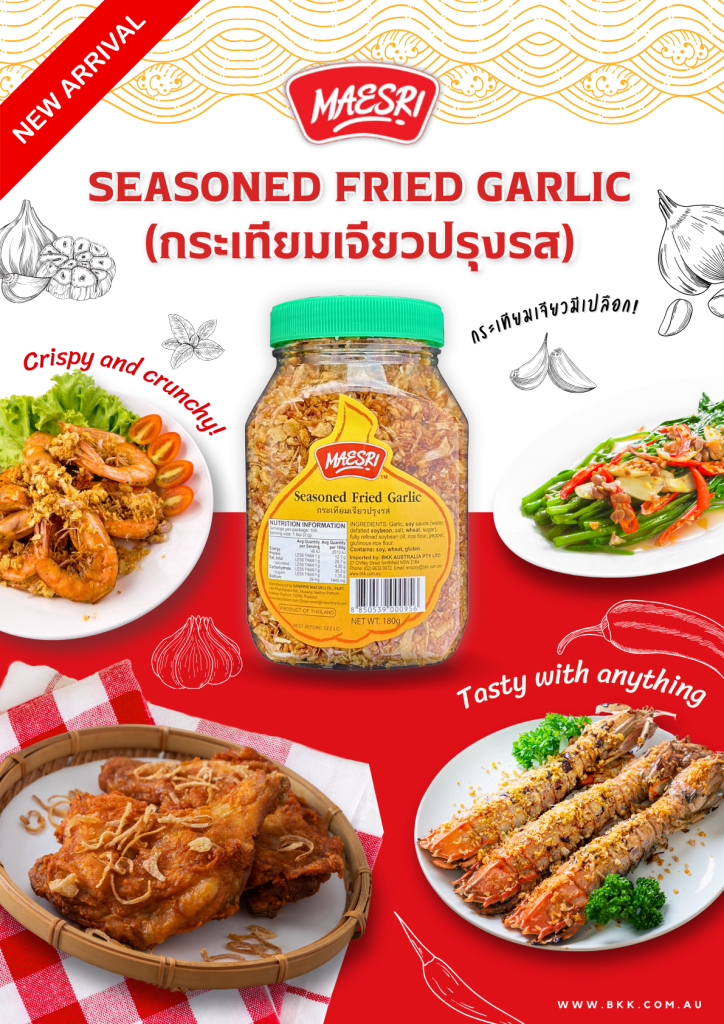 A vibrant flyer featuring Maesri Seasoned Fried Garlic, emphasising its delicious crunch and versatility in various recipes.