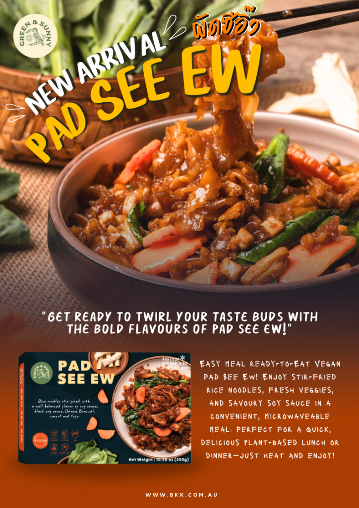 A vibrant flyer showcasing Pad See Ew, featuring a delicious bowl of stir-fried noodles garnished with vegetables.