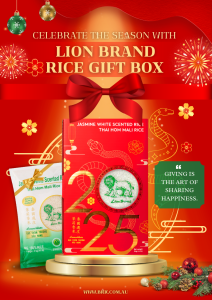 An elegant Lion Brand Rice Gift Box featuring a selection of gourmet rice, perfect for gifting or personal use.